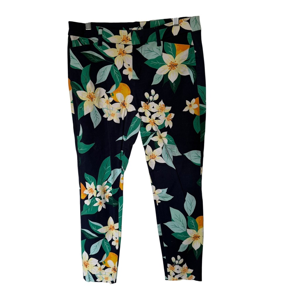 Old Navy Pixie Pants Women 8 Navy Blue Orange Floral Citrus Print Excellent Slim
